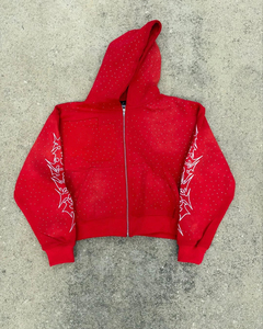 Sudadera con capucha negra para hombre con cremallera, estampado de puntos blancos y diseño artístico en las mangas, estilo streetwear, oversize, con bolsillo ecológico - Product Image 3