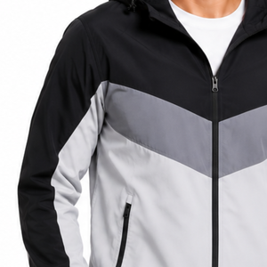 Veste coupe-vent pour homme sur mesure OEM, fermeture éclair intégrale, noir et gris contrastés, trois couleurs, veste de sport légère à capuche - Product Image 3