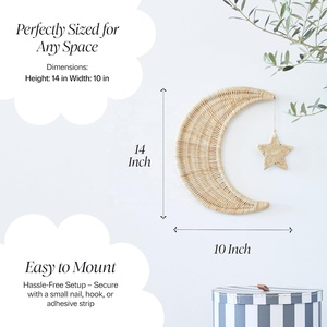 Ensemble de décoration murale lune et étoile fait main en rotin tressé |   Art céleste tissé en herbe de mer pour les chambres à coucher et la décoration intérieure. - Product Image 2