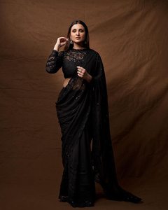 Sari indien de créateur en soie et coton de Bangalore, best-seller, style ethnique chic, avec blouse tendance pour l'exportation, collection exclusive boutique - Product Image 1