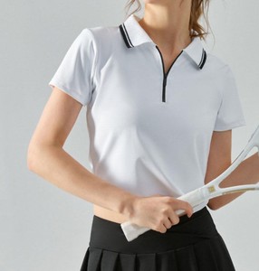 Women's Navy Short Sleeve Polo Shirt With White <b>Trim</b> Half Zipper Preppy Style Quick Dry Knitted Fabric - Product Image 5