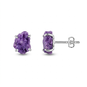 925 Silver Natural Charoite Rough Butterfly Lock Stud <b>Earrings</b> Trendy Dainty Prong Setting 4 Pairs Pack Gift Wedding Party - Product Image 1