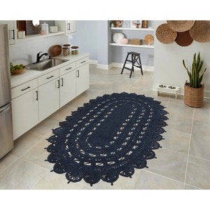 Tapis en jute bohème ovale fait main, motif médaillon, bleu foncé, poils plats, décoration de salon - Product Image 2
