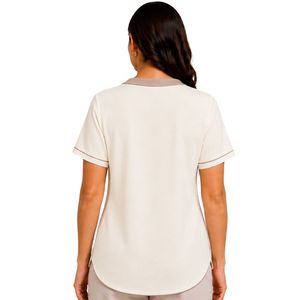 T-shirt asymétrique à col en V pour femme, manches courtes, broderie florale, col contrastant, décontracté, vêtements personnalisés en gros - Product Image 2