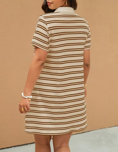 Striped Woven Chiffon Floral Print Polo Neck Short Sleeve Midi Dress Casual Summer Breathable Eco-Friendly Sweet Party - Product Image 2