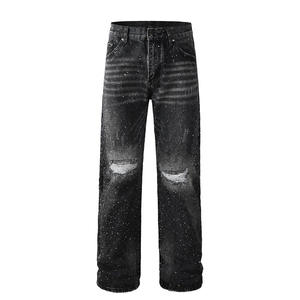 Jeans de mezclilla holgados, desgastados y rotos con pedrería, estilo vintage, lavados, transpirables, estilo urbano, apilados, tipo biker, elásticos, para 4 estaciones - Product Image 1