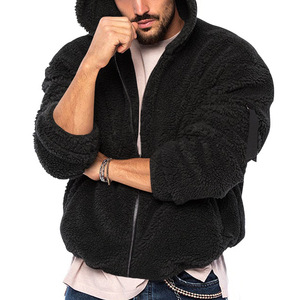 Veste polaire à capuche noire pour homme, fermeture éclair, doublure en sherpa, coupe-vent, vêtements d'hiver décontractés, coupe ample, 100% polyester - Product Image 1