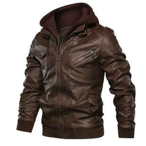 Veste à capuche en cuir PU noir pour homme avec col en fourrure, fermeture éclair, vêtements d'extérieur d'hiver, style motard, coupe ajustée - Product Image 5