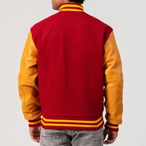 Veste de baseball vintage unisexe, corps en laine rouge, manches en simili cuir, veste bomber style Letterman, uniforme d'équipe scolaire, patchwork sur le devant - Product Image 2