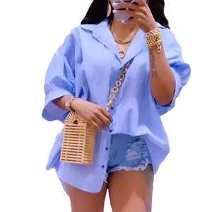 Women's Hollowed-Out Back Striped Shirt <b>Bubble</b> Sleeve Drawstring Lacing Loose Fit Breathable Blouse Wholesale Supplier OEM - Product Image 1