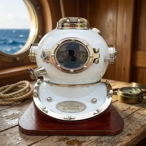 Réplique décorative de casque de plongée nautique antique poli en métal, base blanche avec placage en laiton et support en bois pour mariage - Product Image 1
