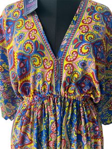 DHMZI Vestido midi con estampado bohemio, cuello en V profundo, manga tres cuartos, corte holgado, cintura elástica, ropa informal de verano - Product Image 3