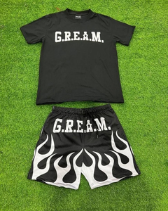 Ensemble 2 pièces homme T-shirt et short imprimé graphique uni, style vintage délavé à l'acide, collection Hiver 2024, vente chaude - Product Image 1