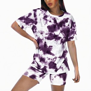 Women 2 Piece <b>Tie</b> <b>Dye</b> <b>Set</b> Short Sleeve O Neck Loose Fit Casual Knitted Cotton Shorts Above Knee Spring Summer Wear - Product Image 1