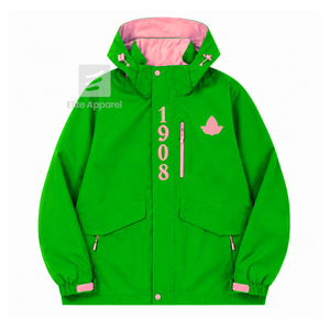 Veste coupe-vent et imperméable personnalisée Alpha Kapa Alpha Sorority, verte et rose, en polyester, manches longues, fermeture éclair sur le devant, logo brodé - Product Image 1
