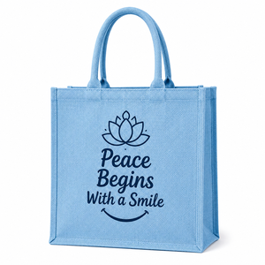 La Paz Comienza con una Sonrisa, Bolsa de Compras de Yute con Estampado de Loto, Tamaño Mediano, Asa Azul, Bolso Tote para Uso Diario - Product Image 1