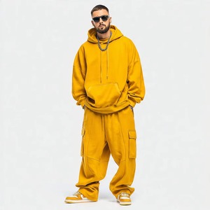 Tuta da uomo gialla tinta unita con cappuccio, maniche lunghe, vestibilità ampia, streetwear casual, <span class=keywords><strong>felpa</strong></span> in cotone <span class=keywords><strong>e</strong></span> pantaloni <span class=keywords><strong>cargo</strong></span>, set per l'autunno - Product Image 3