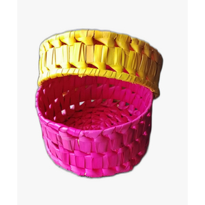 Boîte ronde en feuilles de palmier, décoration de salon, plateau de rangement tissé à la main, plateau rond rose et jaune, panier de rangement en rotin pour intérieur - Product Image 1