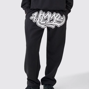 Ensemble de sweat-shirt à capuche noir pour homme, streetwear, manches longues, coupe ample, coton, ensemble de survêtement deux pièces avec impression de logo blanc - Product Image 4
