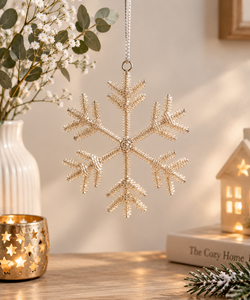 Ornement de Noël flocon de neige perlé doré, fait main, à suspendre, décoration élégante pour la maison et les fêtes - Product Image 2