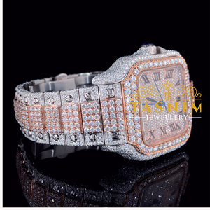 Reloj de Hombre de Alta Calidad con Diamantes Moissanite VVS Cuadrados, Acero Inoxidable, Chapado en Oro Blanco, Números Romanos, Estilo Ejecutivo y Hip Hop - Product Image 4