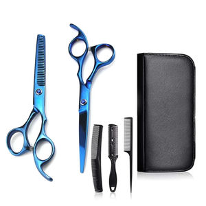 Kit de tijeras de barbero de titanio azul de alta calidad, tijeras de afeitar y de entresacar, tijeras de acero metálico con peine - Product Image 1