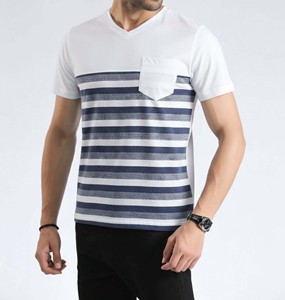 เสื้อยืดผู้ชายดีไซน์ใหม่ เสื้อยืดผู้ชายปากีสถาน เสื้อยืดคอวีลายทางแบบกำหนดเอง มีกระเป๋าเสื้อ ทรงพอดีตัว ผ้าฝ้ายนุ่ม สไตล์โมเดิร์นทันสมัย - Product Image 6