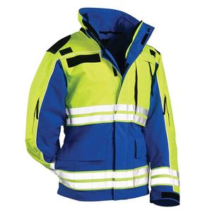 High Visibility Workwear Safety <b>Jacket</b> <b>Men</b> Polyester Blue Yellow Reflective Stripes <b>Utility</b> Construction Uniform - Product Image 1