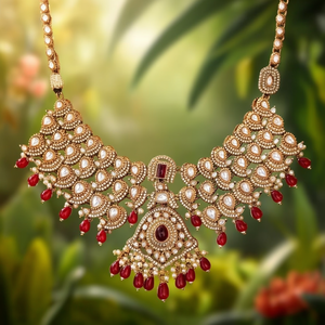 Elegante conjunto de collar de novia con piedras Kundan y cuentas, con aretes - Joyería fina étnica - Product Image 3