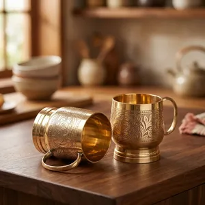 Juego de 2 Tazas de Café de Latón Hechas a Mano, Tazas de Café de Metal Tradicionales Indias, Tazas Decorativas de Latón para el Hogar, Cafetería, Restaurante - Product Image 6