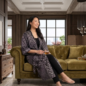 เสื้อคลุมกิโมโนผ้าฝ้ายสำหรับผู้หญิง เสื้อคลุมอาบน้ำพิมพ์ลายสีดำ แขนยาว คอวี มีเข็มขัด ชุดนอน มีกระเป๋า - Product Image 6