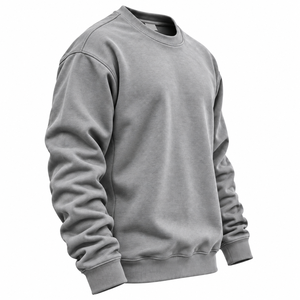 Grey Crewneck <b>Sweatshirt</b> Blank Long Sleeve Pullover With Ribbed Cuffs And Hem For <b>Men</b> Women - Product Image 4