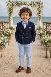 Costume de mariage sur mesure pour garçons à double boutonnage |   Blazer en jacquard marron avec pantalon kaki et nœud papillon |   Costume de soirée formel pour enfants - Product Image 2