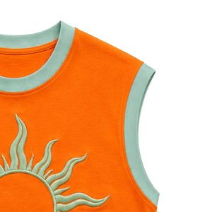 Camiseta sin mangas naranja con diseño de sol bordado en verde menta, chaleco informal de algodón para mujer, cuello redondo, tops de moda personalizados para verano - Product Image 5