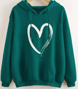 Sweat-shirt à capuche noir pour femme avec imprimé cœur blanc, manches longues, en coton tricoté, décontracté, hiver, logo frontal - Product Image 6