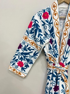 Bata Bordada Floral para Mujer, Manga Larga, Algodón, Informal, Estilo Bohemio, Hecha a Mano, para Primavera - Product Image 4