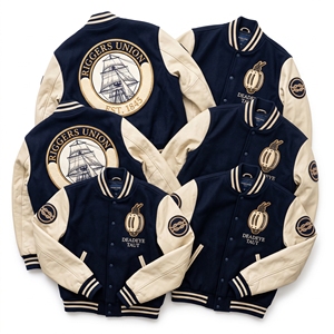 Veste universitaire personnalisée OEM en laine avec manches en cuir, broderie Clipper Fleet Ship et patch figuratif, manteau noir - Product Image 3