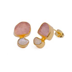 October Birthstone Rose Quartz with Pearl <b>Stud</b> <b>Earrings</b> Gold Plated Brass Channel <b>Set</b> Raw Trendy Women's Jewelry - Product Image 3