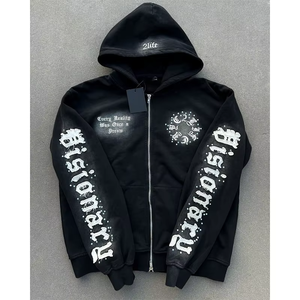 Sudadera con capucha negra con cremallera completa, estampado Visionary, unisex, estilo Y2K, oversize, lavada, grunge, streetwear, chaqueta vintage, personalizada, al por mayor - Product Image 1