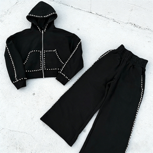 Ensemble de survêtement unisexe noir délavé style vintage avec strass, à capuche, manches longues, cordon de serrage, coupe ample, streetwear, pantalon de jogging uni - Product Image 5