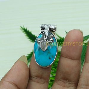 Collar con colgante de piedras preciosas grandes de turquesa azul y cuarzo rosa, colgante de plata de ley 925, joyería de piedra grande, regalo para mujer - Product Image 3