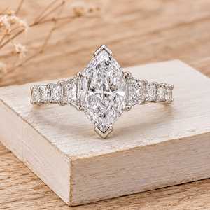 Anillo de compromiso de diamante cultivado en laboratorio con corte marquesa y princesa holandeses, oro macizo de 10K, 14K, 18K, anillo trapezoidal y pavé princesa, color E - Product Image 3
