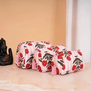 Ensemble de trousses de toilette à fermeture éclair rayées à fleurs roses, trousse à maquillage portable pour les voyages et un usage quotidien - Product Image 3