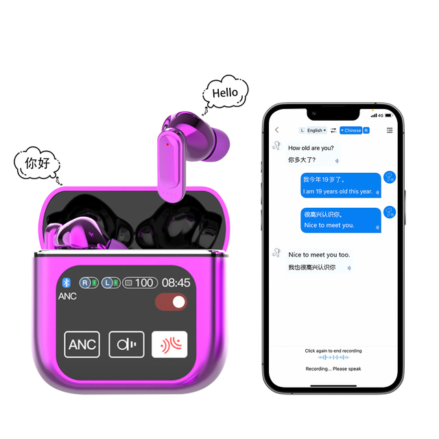 OEM AI Translation Wireless Earbuds Noise Cancelling Headphone ANC TWS BT5.4 Touch Screen 135+ Languages OLED for Android