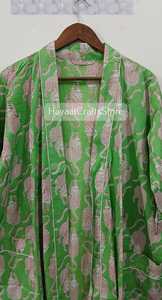 Bata Kimono Larga sin Cuello para Mujer con Estampado de Bloques Indios, Mangas Largas, Cierre con Cordón, 100% Algodón, para Baño - Product Image 4