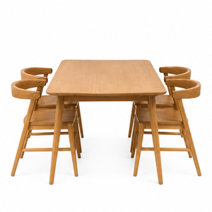 ARTERRA Premium Japandi Teak Wood <b>Dining</b> Set Modern Rectangle Table Curved Back <b>Chairs</b> for Apartment - Product Image 1