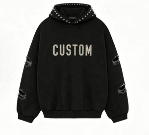 Sweat à capuche personnalisé avec lettres en strass, sweat à capuche noir surdimensionné à manches déchirées, streetwear de haute qualité, sweat à capuche pour hommes - Product Image 1