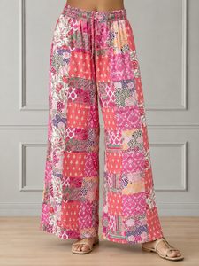 Pantalones Palazzo de Pierna Ancha con Estampado Patchwork de Calidad Premium, Cintura Alta con Cordón, Pantalones de Playa de Verano, Estilo Casual Holgado Boho - Product Image 5