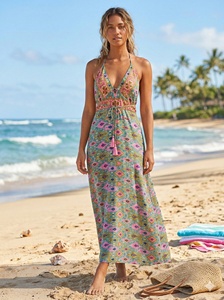 Talla Única Y2K Estilo Bohemio Natural, Vestido Maxi de Seda Tejida India con Estampado Geométrico, Cuello en V, Sin Mangas, Aberturas Laterales, Estilo Coreano, Dulce para Primavera/Verano - Product Image 3