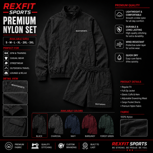 REXFIT SPORTS 2026 Ensemble de survêtement noir en nylon froissé pour homme – Veste coupe-vent à fermeture éclair intégrale et short cargo – Tenue de sport personnalisée - Product Image 1